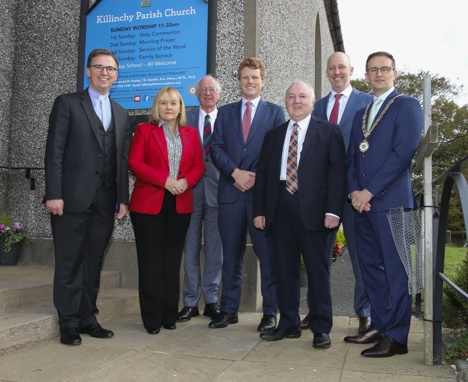 Revd Dr Stanley Gamble, Michelle McIlveen MLA, Jim Shannon MP, Joe Kennedy III, Dr Terry Cross OBE, James Applegate, Deputy Mayor David Chambers