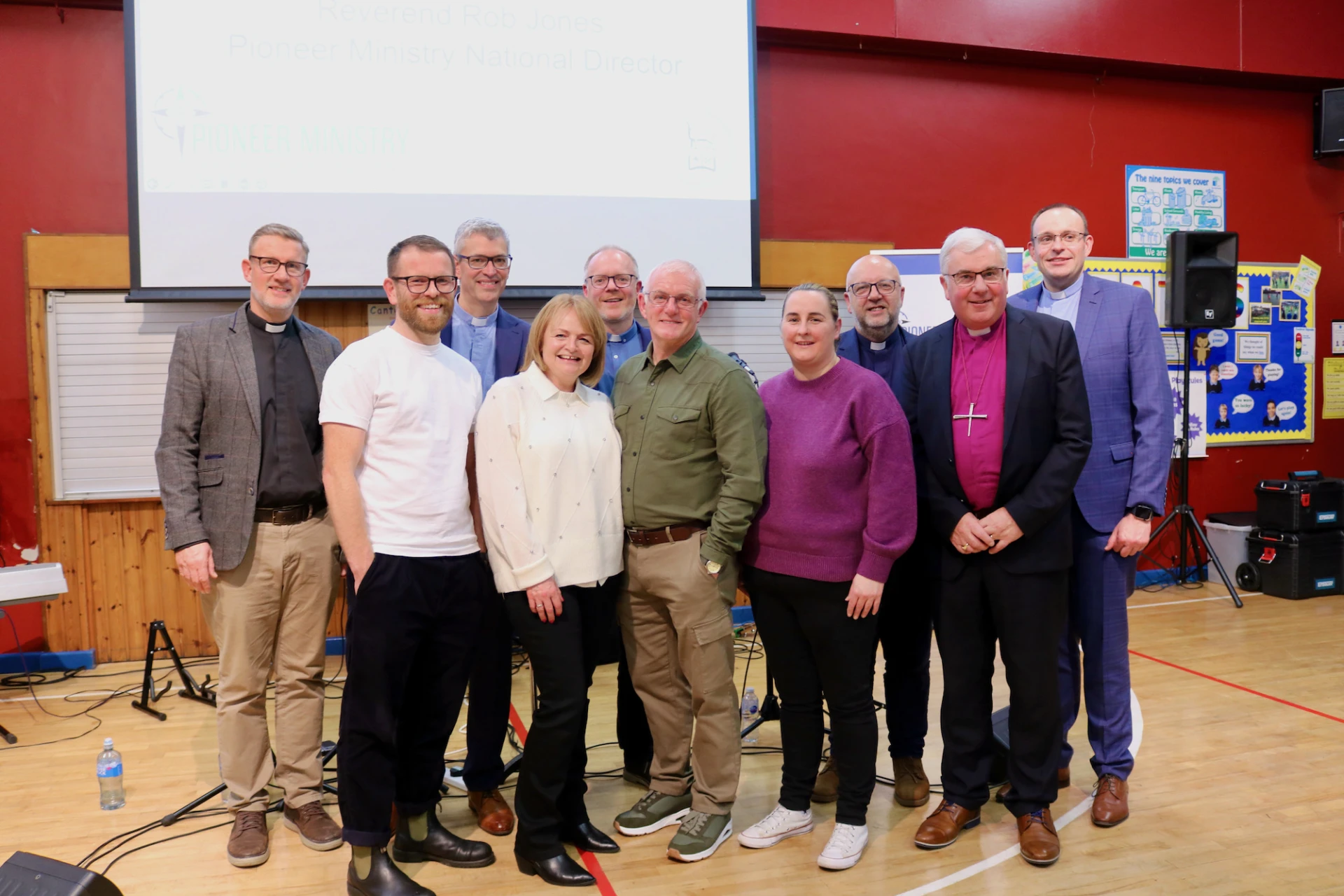 Revd Rob Jones, Archdeacon Jim Cheshire, Archdeacon Barry Forde, Archdeacon Mark Harvey and Revd Mark Lennox  with Bishop David and the Pioneers