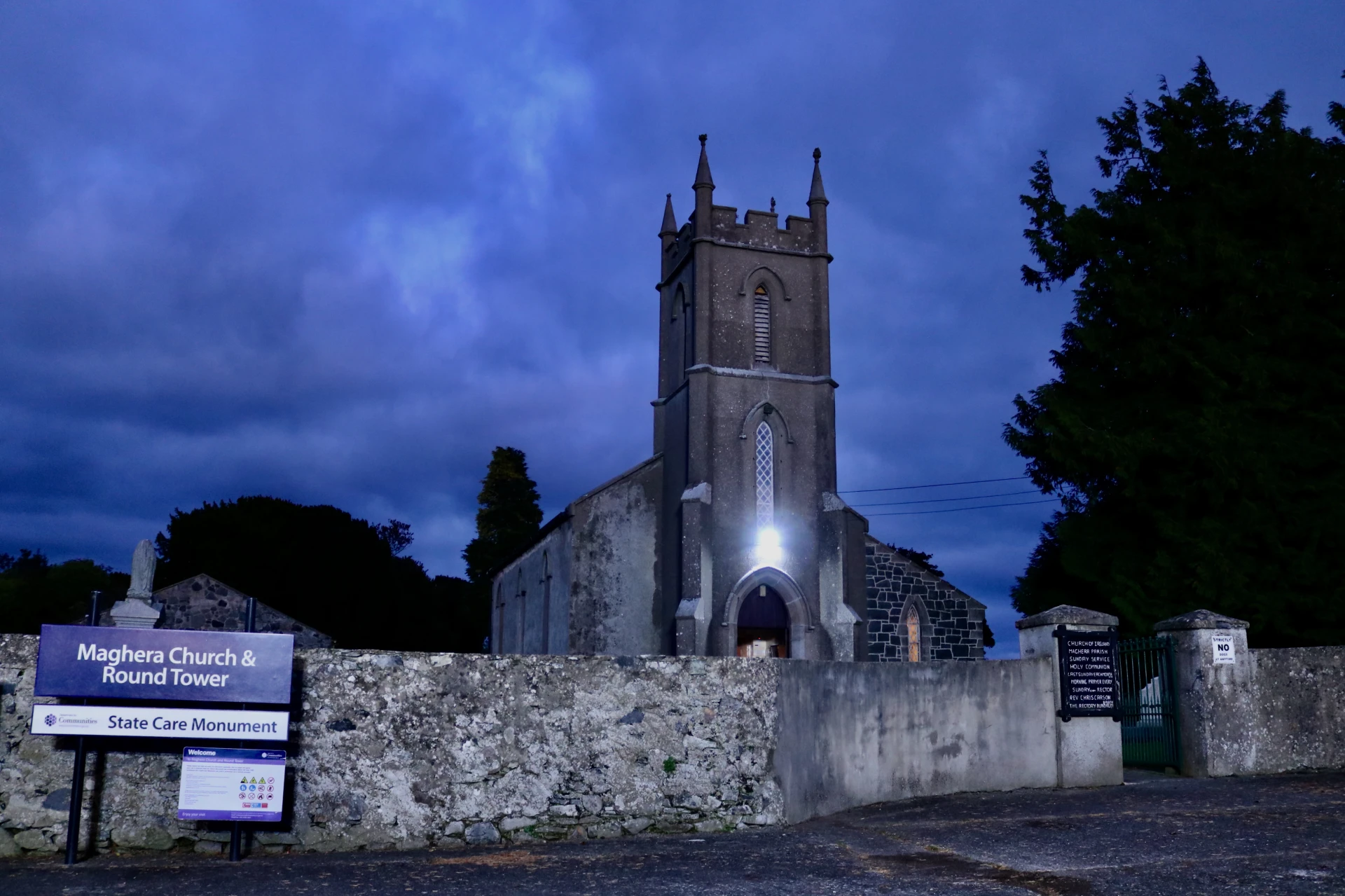 Maghera Parish Church is adjacent to the site of an early church founded by the 6th-century St Domongart (Donard)