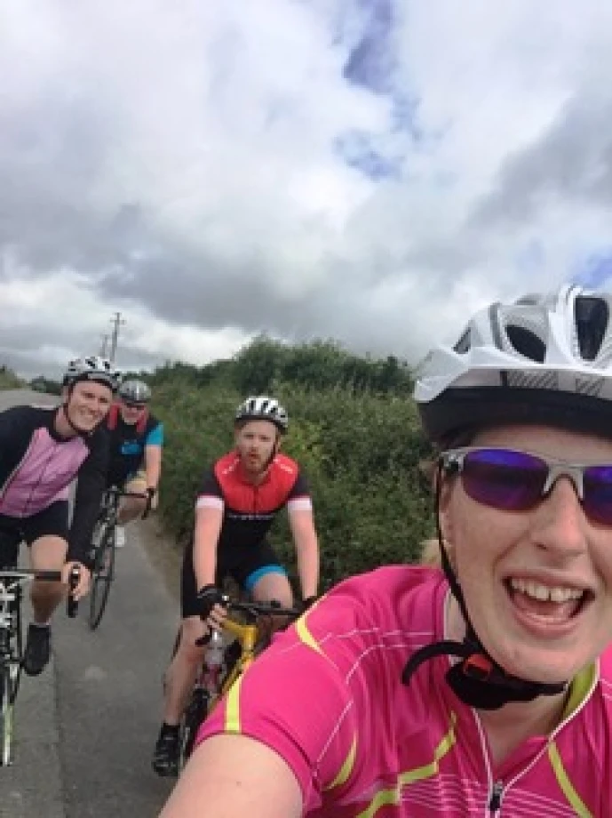 Belfast to Dublin–Mount Merrion cyclists cross the finish line